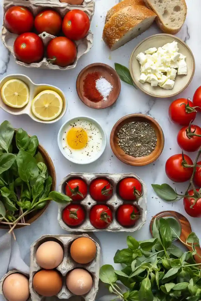 Overhead view of tomato feta egg bake with fresh basil garnish.