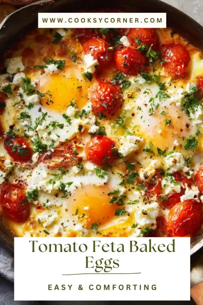 Tomato Feta Baked Eggs with roasted tomatoes and basil served on a baking tray.