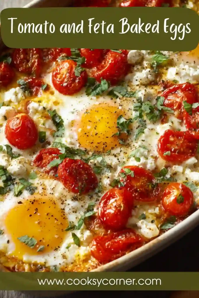 Mediterranean baked eggs with feta and herbs served with toasted bread on the side.