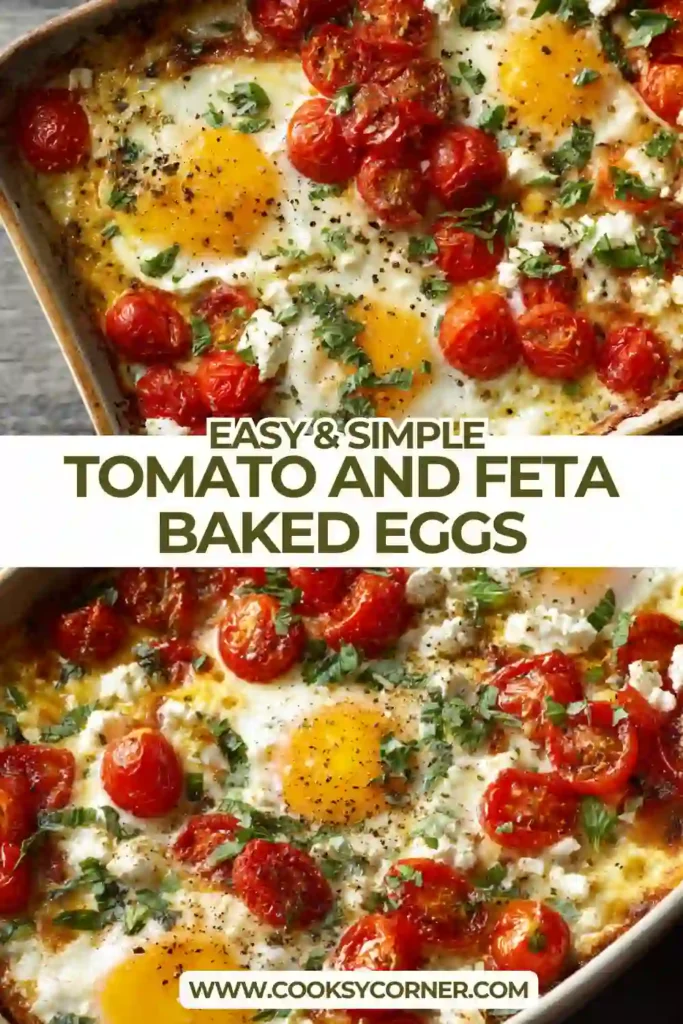 Close-up of baked eggs with feta cheese and tomatoes, showing soft egg whites and vibrant colors.