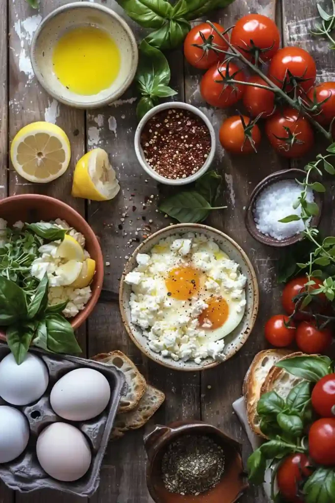 Oven-baked eggs with roasted tomatoes and crumbled feta in a rustic dish.