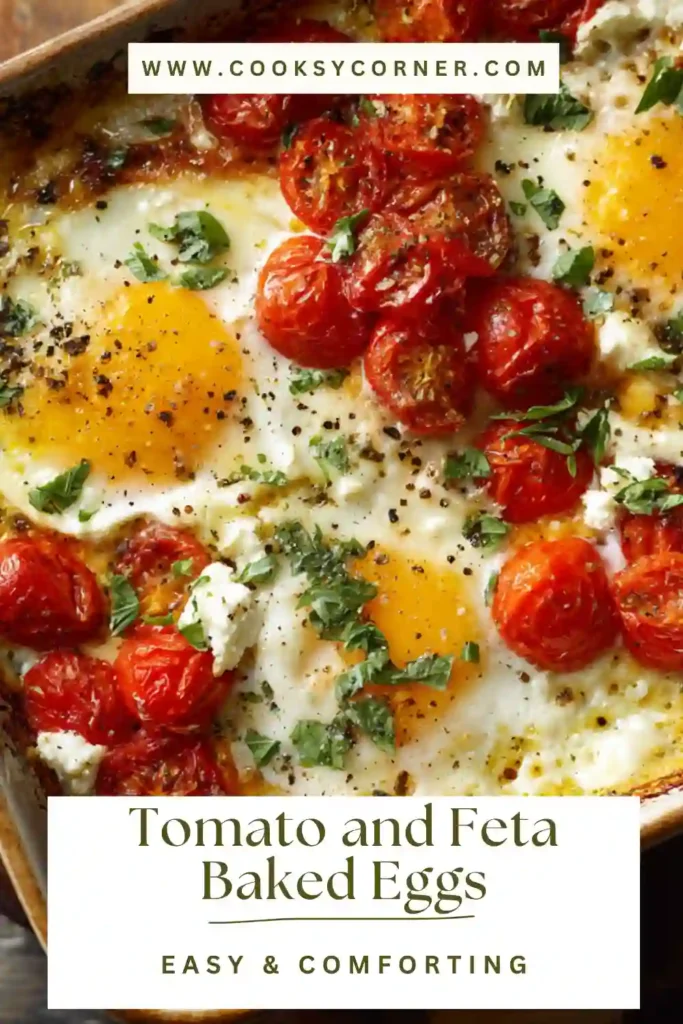 Tomato and feta baked eggs in a baking dish with runny yolks, roasted tomatoes, and fresh basil on top.