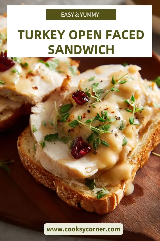 Classic open faced turkey sandwich plated with thick gravy and fresh parsley garnish.
