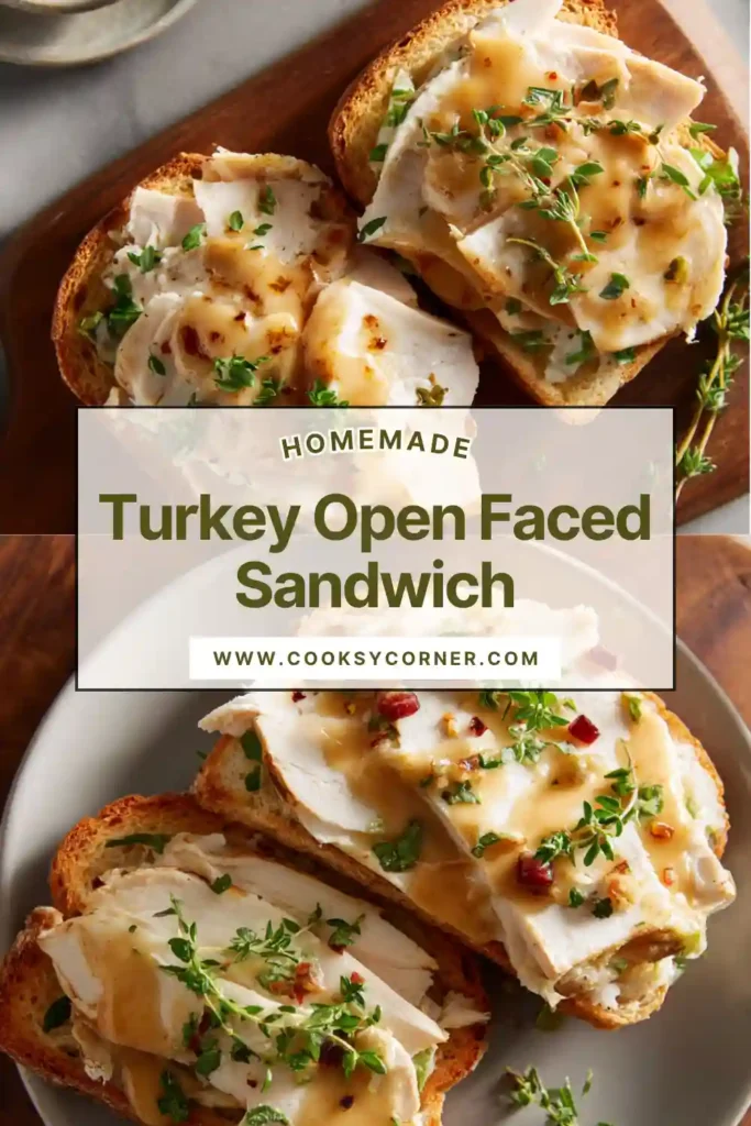 Close-up of hot turkey sandwich with creamy gravy poured over tender slices of turkey and bread.