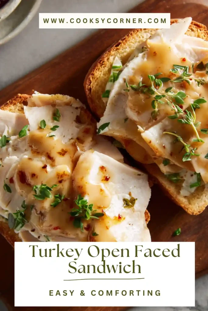 Turkey Open Faced Sandwich topped with rich gravy served on white bread. Warm and comforting homemade meal.