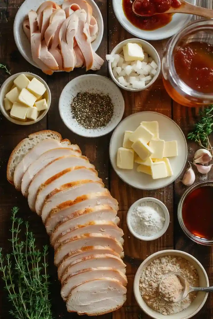 Hearty turkey sandwich with gravy served on soft bread, showcasing rich texture and flavor.