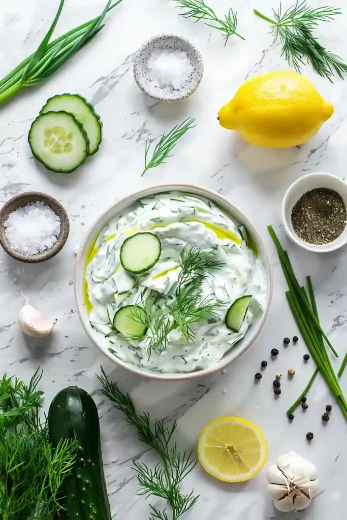 Creamy Mediterranean yogurt dip served in a rustic bowl.