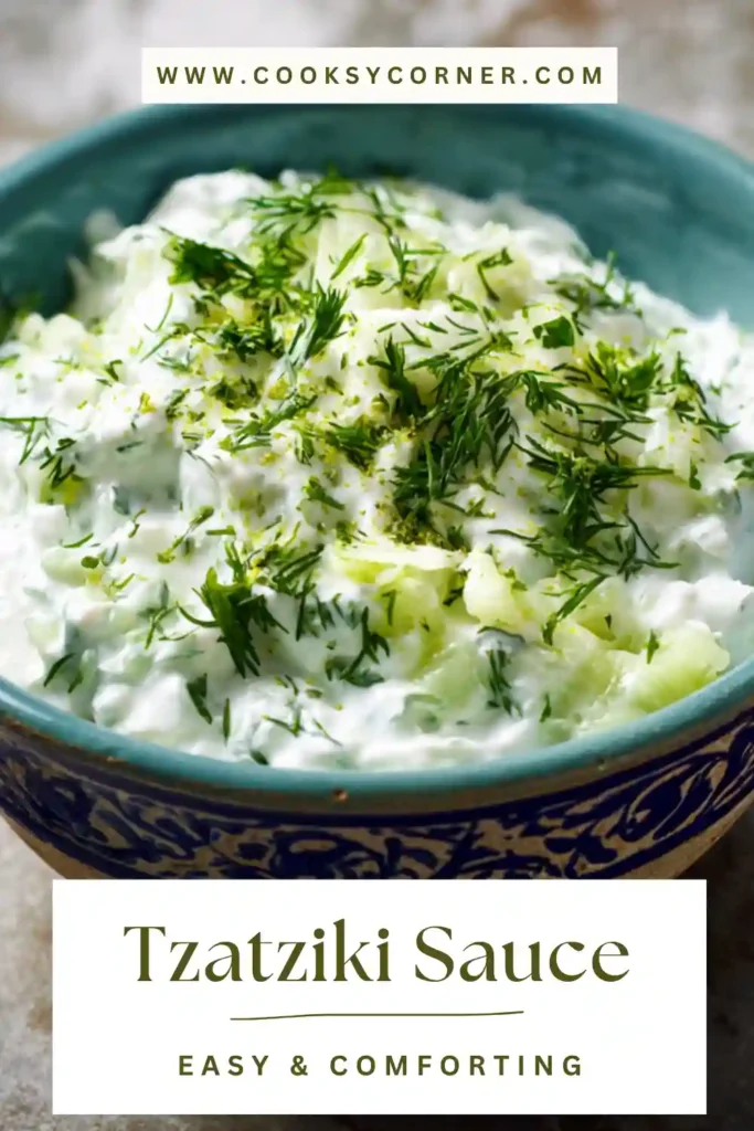 Tzatziki sauce in a bowl with cucumber, dill, and garlic, creamy and fresh.