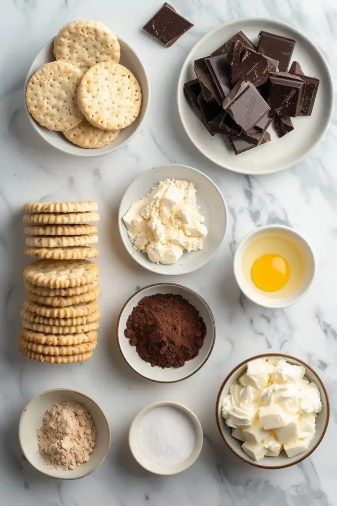 Slice of vanilla no bake biscuit cake on a plate showing defined layers of biscuits and custard with a chocolate glaze on top.