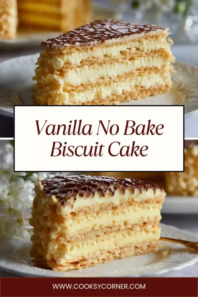 Close-up of vanilla biscuit cake with smooth custard filling and chocolate topping. The texture looks soft, rich, and perfectly chilled.