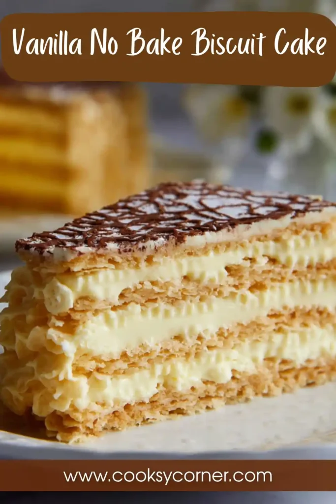 A layered vanilla no bake biscuit cake topped with glossy chocolate and cut into neat slices. The creamy custard layers are visible between softened biscuits.