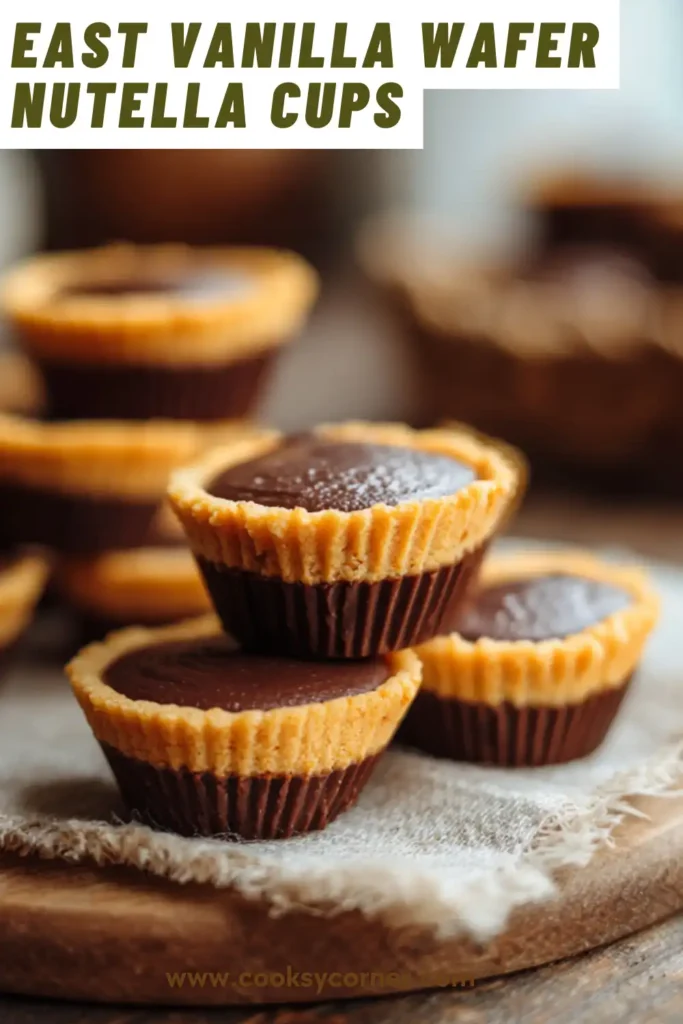 Bite-sized Nutella cups topped with vanilla wafers displayed on a serving plate. A simple and elegant chocolate treat.