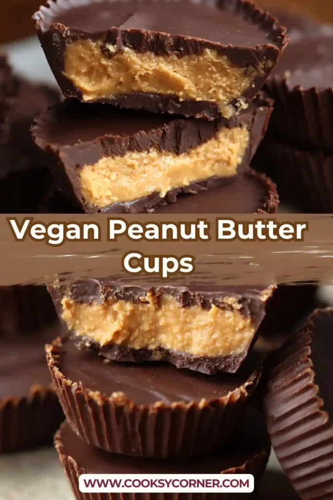 Vegan peanut butter cups with a smooth chocolate shell and creamy peanut butter filling displayed on a plate.