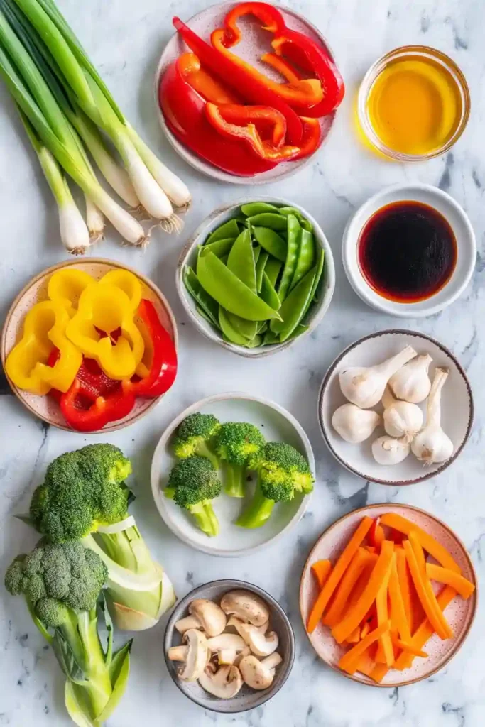 Close-up of homemade veggie stir fry featuring broccoli, mushrooms, and snap peas in a rich sauce.