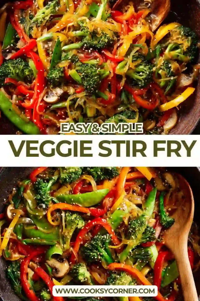 Colorful vegetable stir fry served with sesame seeds and green onions in a bowl. The sauce is thick and shiny.