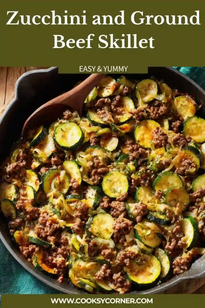 One pan zucchini and ground beef recipe topped with melted cheese and mixed vegetables, served warm.