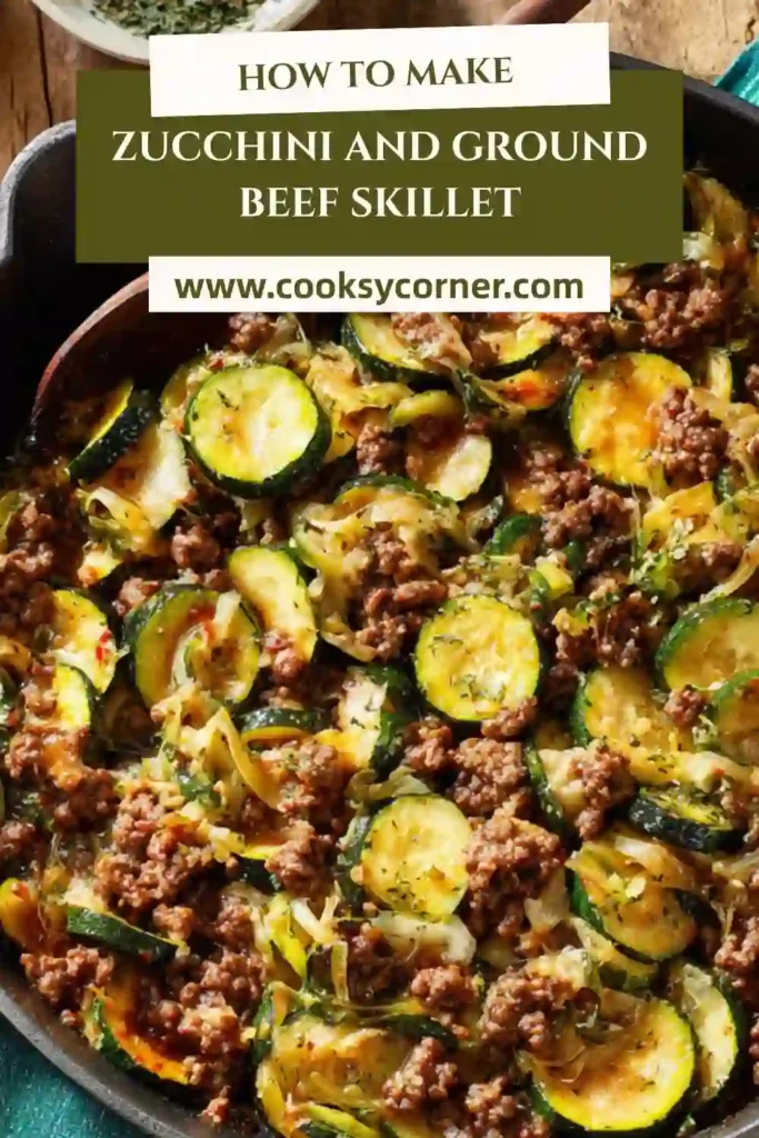 Close-up of cheesy zucchini beef skillet with tender zucchini slices and seasoned ground beef in a rich tomato sauce.