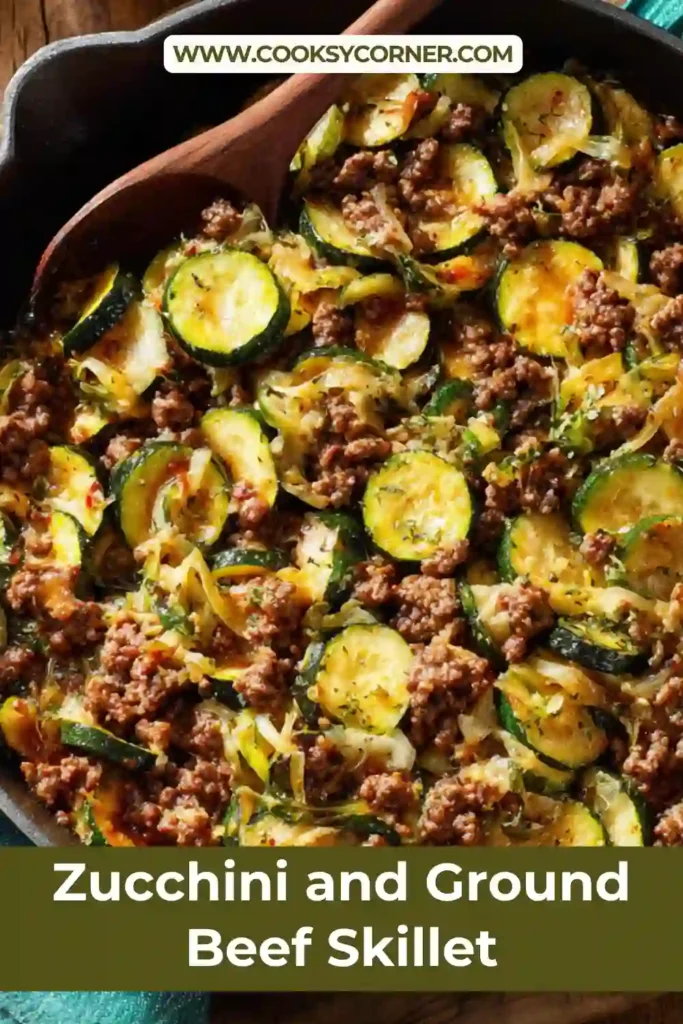 Zucchini and ground beef skillet cooked in one pan with mushrooms, tomatoes, and melted cheddar cheese. A hearty and healthy dinner option.