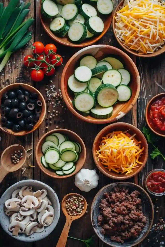 Ground beef zucchini skillet with mushrooms and tomato sauce, finished with melted cheddar cheese for a comforting meal.