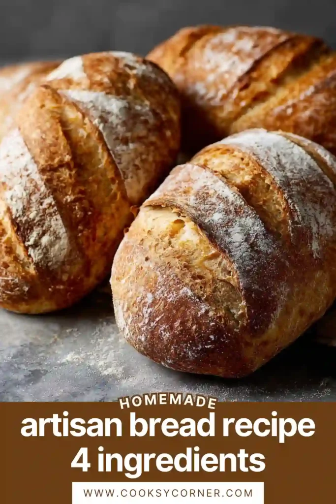 No knead artisan bread made with four ingredients showing a crispy crust and airy crumb inside. Perfect homemade loaf.