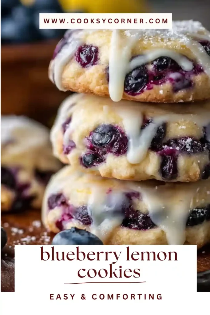 Close-up of blueberry lemon cookies with lemon zest and powdered sugar topping. Sweet and tangy dessert presentation.