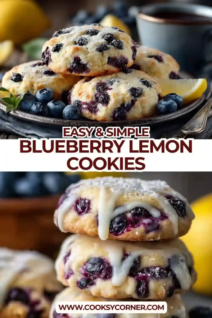Freshly baked blueberry lemon cookies showing golden edges and juicy berries inside. Light and fluffy homemade cookies.