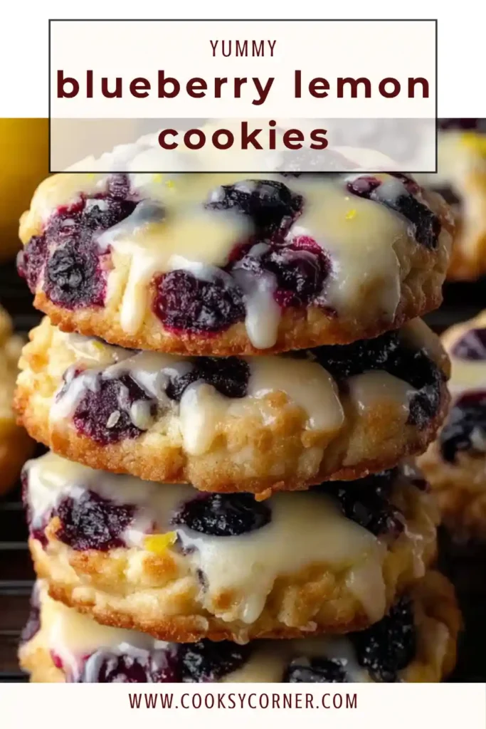 Soft blueberry lemon cookies on a plate with powdered sugar dusting and fresh blueberries. Bright citrus dessert with homemade texture.