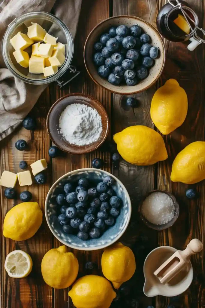 Homemade blueberry lemon cookies arranged on a tray with fresh lemons and berries. Soft, bakery-style cookies.