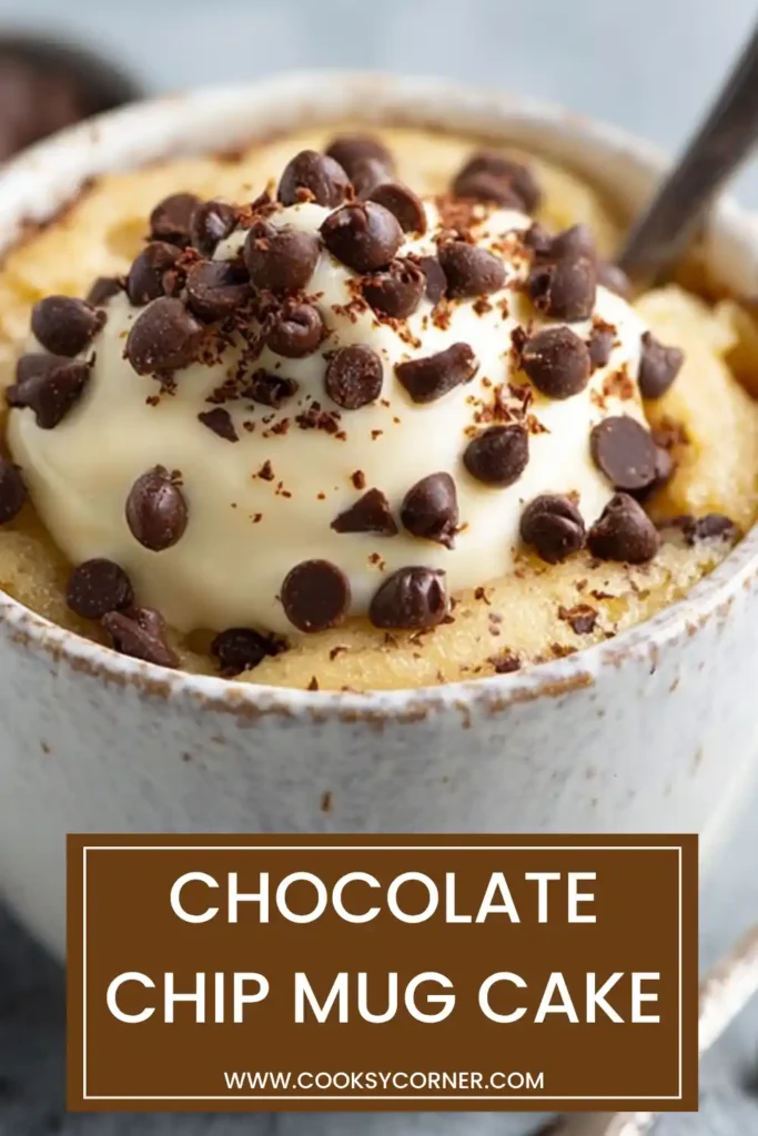 Microwave chocolate chip mug cake freshly baked in a ceramic mug with visible chocolate chips. A quick and easy dessert option.