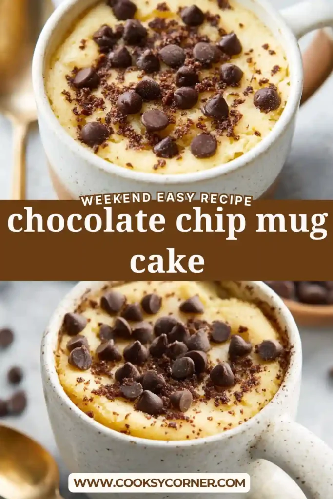 Close-up of a chocolate chip mug cake showing its moist texture and gooey chocolate pockets. Ideal for a single serve dessert idea.