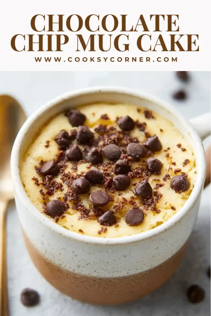 A freshly made chocolate chip mug cake in a white mug with melted chocolate chips on top. The cake looks soft and fluffy, perfect for a quick dessert.
