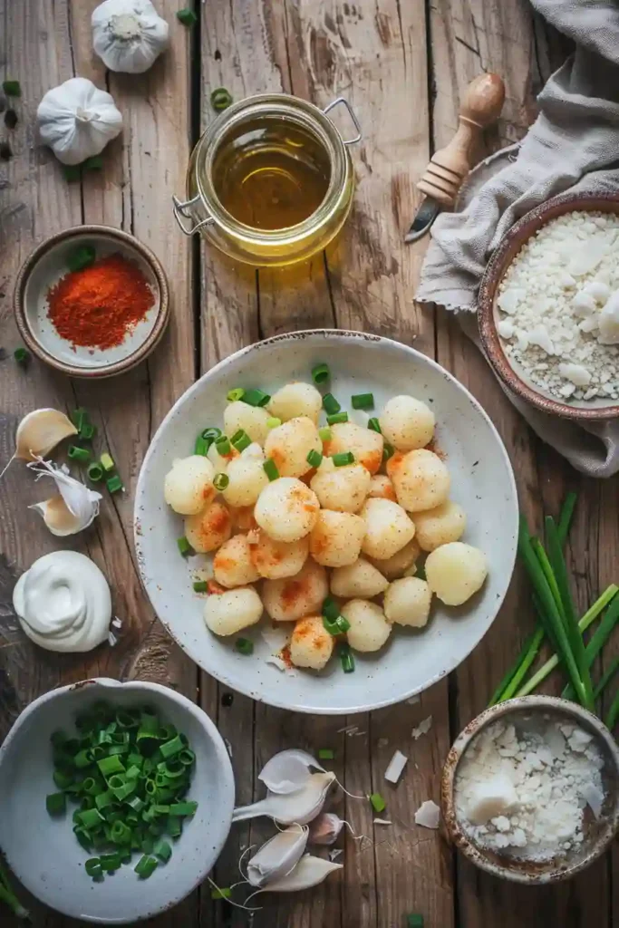 Bowl of crispy mini potato bites with dipping sauce, showing crunchy texture and rich seasoning.