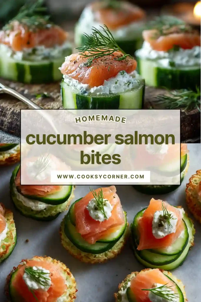 Cucumber salmon bites topped with cream cheese and smoked salmon on a platter.