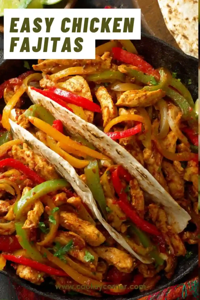 Homemade chicken fajitas served in tortillas with grilled vegetables and seasoned chicken.