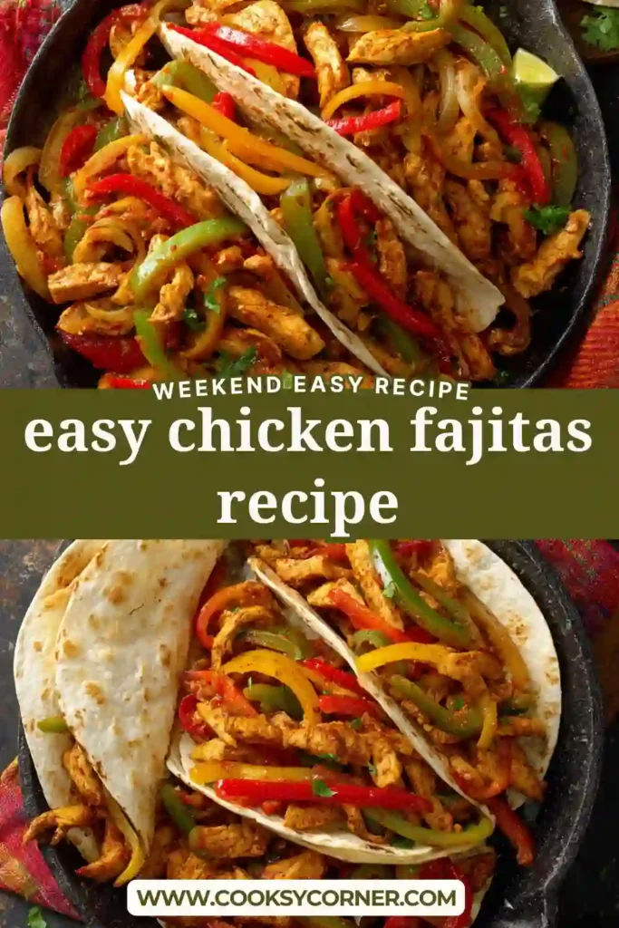 Close-up of chicken fajitas with colorful peppers and onions in a pan with fresh lime.