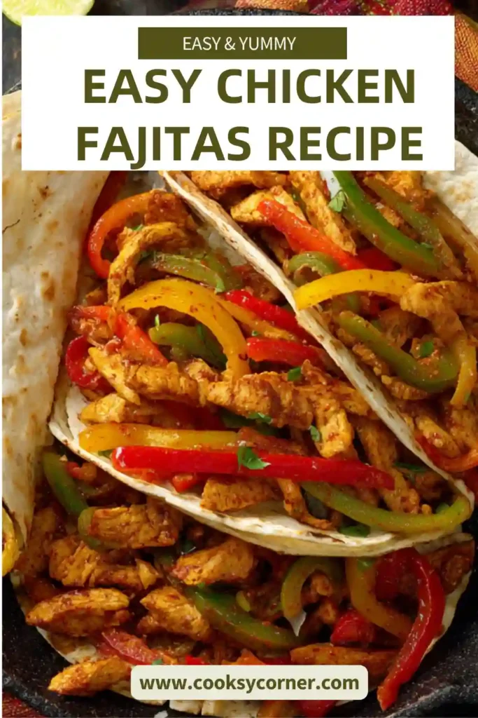 A skillet filled with easy chicken fajitas featuring sliced chicken, bell peppers, and onions served hot.