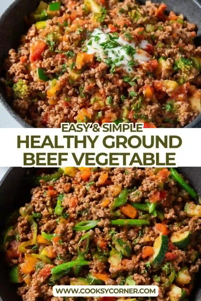 Close-up of a one-pan ground beef and vegetable recipe with juicy beef and crisp vegetables. Perfect for a quick healthy dinner.