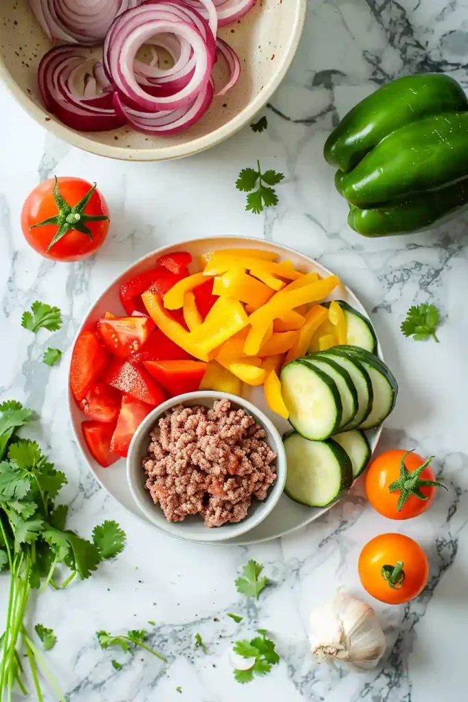 Healthy beef and vegetable skillet meal showing a mix of textures from tender beef and crunchy vegetables in a rustic pan.
