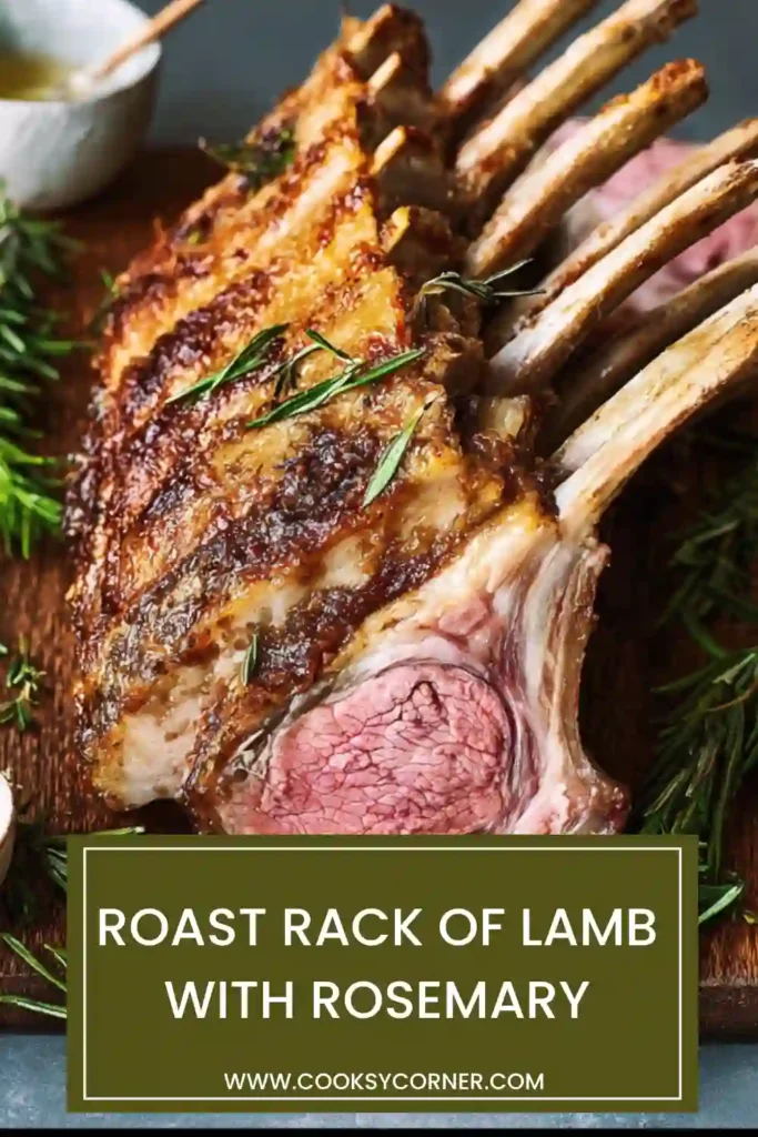 Herb crusted roast rack of lamb with rosemary resting before carving, showing a perfectly cooked pink center.