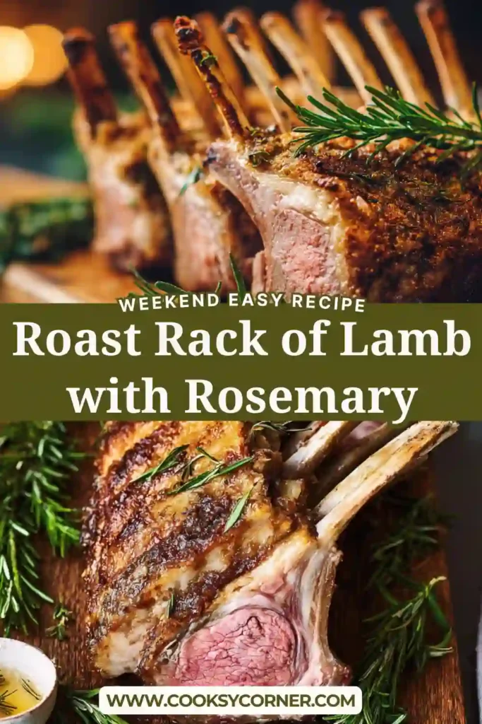 Oven roasted rack of lamb with rosemary and garlic, sliced into tender chops with a golden crust.
