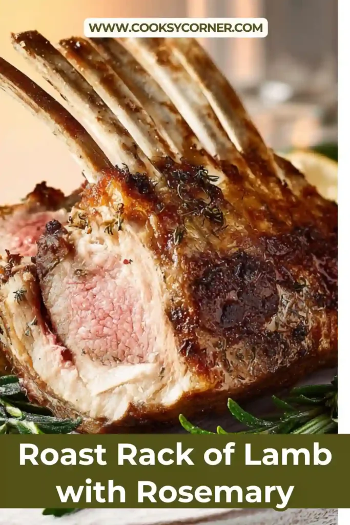 Roast rack of lamb with rosemary served as juicy cutlets on a warm plate, garnished with fresh herbs and garlic.