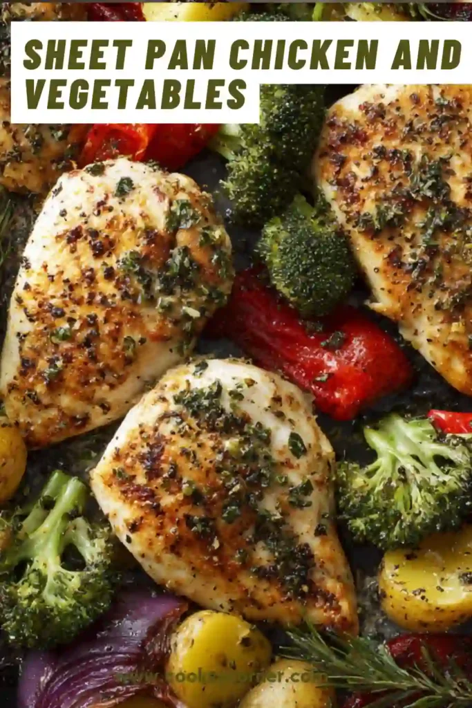 Oven baked chicken breast with seasoned vegetables on a sheet pan, showcasing a simple and delicious one pan dinner. The vegetables appear slightly crispy and caramelized.