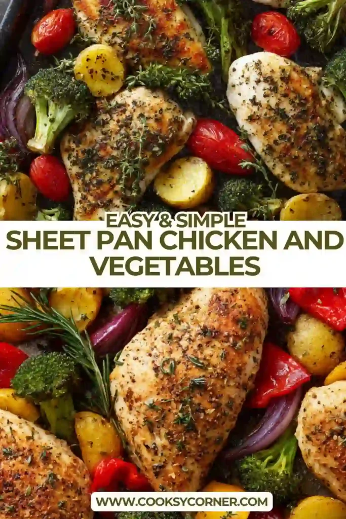 Healthy sheet pan chicken and vegetables arranged on a baking tray with vibrant colors and perfectly roasted texture. The dish highlights a balanced and nutritious meal.