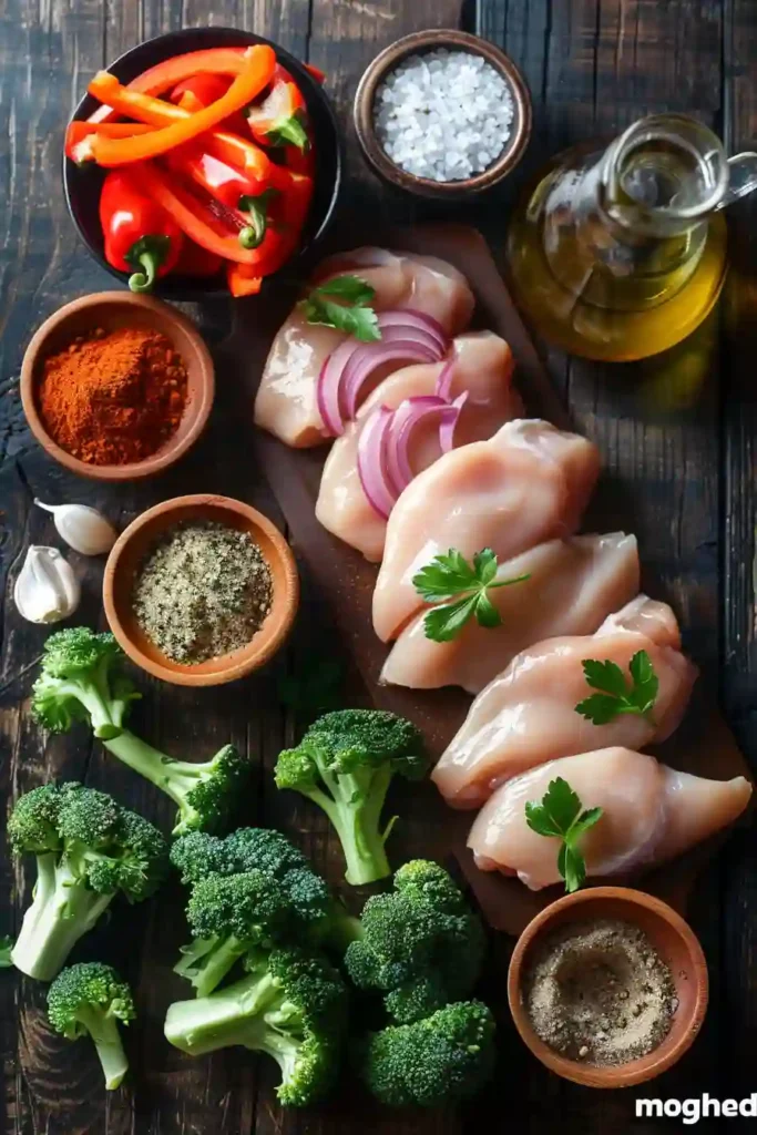 Easy baked chicken and veggie sheet pan meal featuring broccoli, red peppers, and onions with fresh herbs on top. The dish looks warm and freshly cooked.