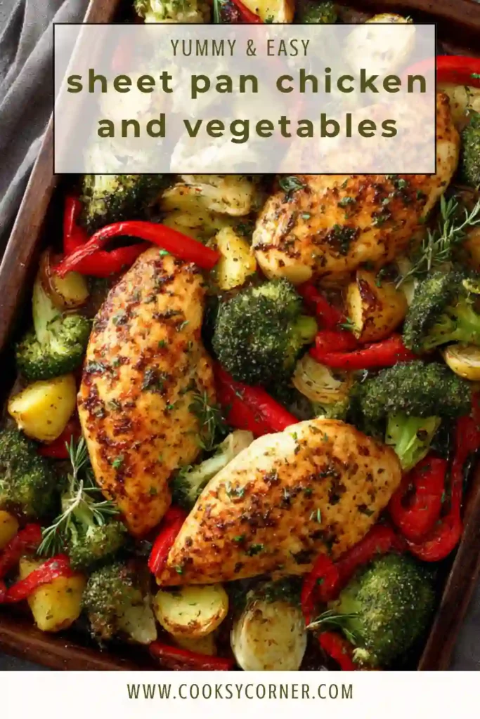 Sheet pan baked chicken breast with roasted broccoli, bell peppers, and onions served fresh and garnished with parsley. The chicken looks juicy and golden with crisp vegetables.