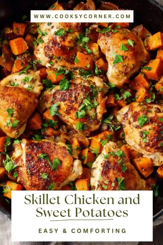 Close-up of juicy chicken thighs with roasted sweet potatoes.