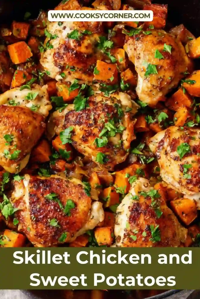 One pan chicken and sweet potato dish with honey glaze.