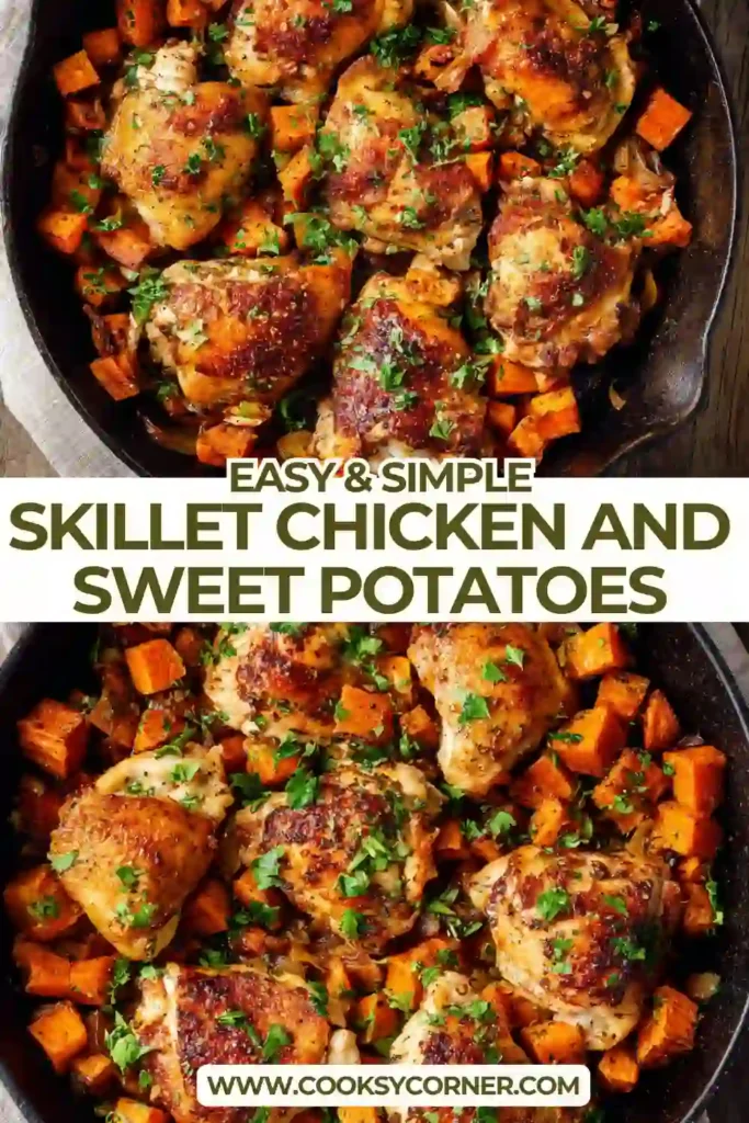 Skillet chicken and sweet potatoes with golden seared chicken and caramelized potatoes.