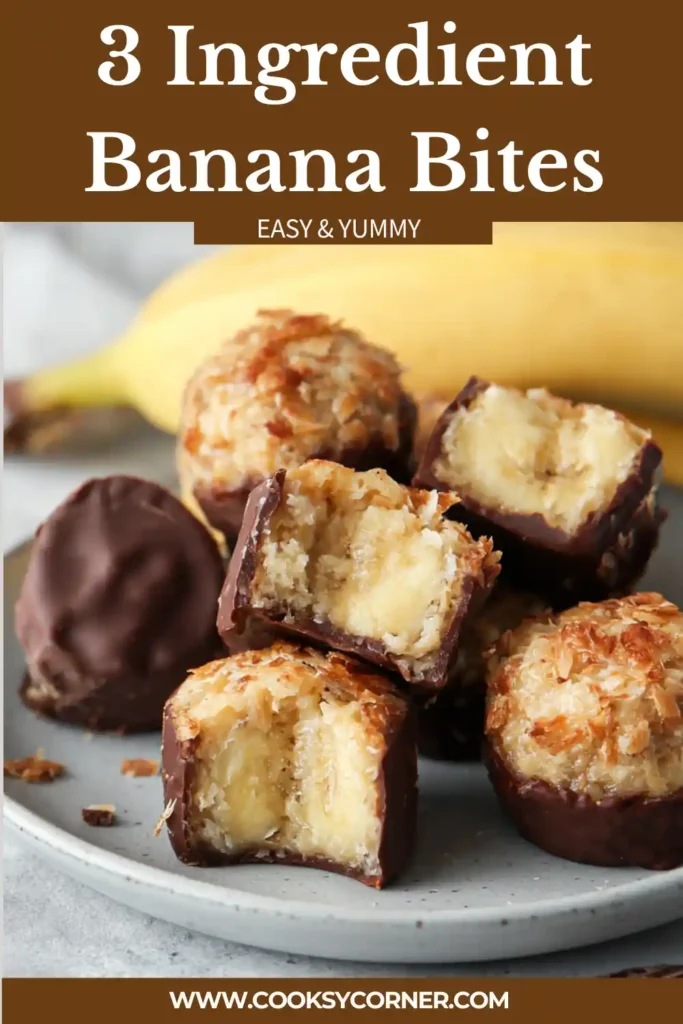 Homemade banana bites with melted chocolate coating and nut butter center on a plate. Simple healthy treat.