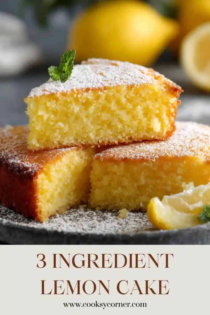 A soft and fluffy 3-Ingredient Lemon Cake dusted with powdered sugar and sliced into squares. This easy lemon dessert has a bright citrus flavor and light airy texture.
